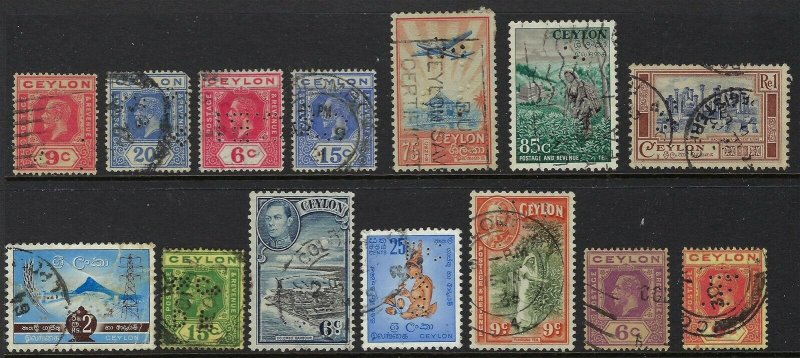 Ceylon Perfin Lot of 14 different die and face issues, F-VF