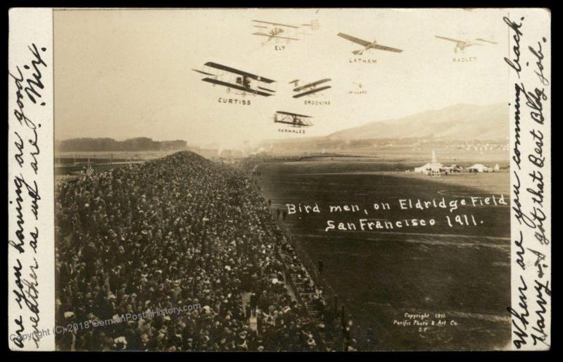 USA 1911 San Francisco Bird Men Eldridge Field Air Show RPPC 2c Washington 89058