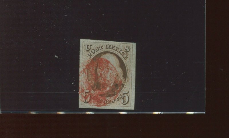 1 Franklin Imperf Used Stamp with Red Cancel with PF Cert (Stock 1 A33)