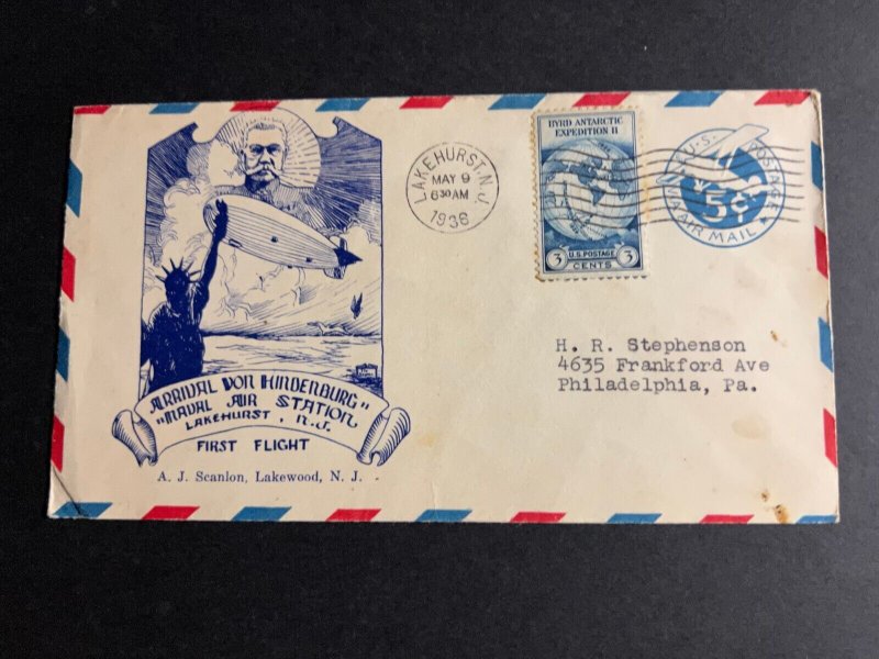 1936 USA Hindenburg Zeppelin Airmail Cover Lakehurst NJ to Philadelphia PA LZ129