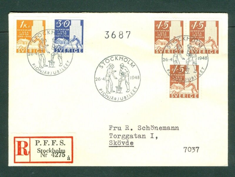 Sweden. 1948  FDC. The Pioneer Jubilee. Reg# 4272. Sc# 400-03. Engrav: S. Ewert