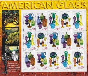 US #3328A 1999 AMERICAN GLASS- PANE OF 15 33 CENT STAMPS-MINT NEVER HINGED