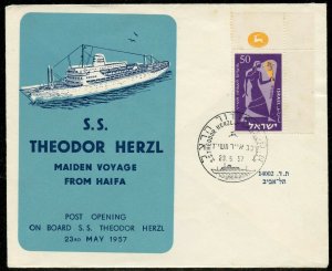 ISRAEL 1953  S.S.  THEODORE HERZL MAIDEN VOYAGE COVER FROM HAIFA  PO OPENING