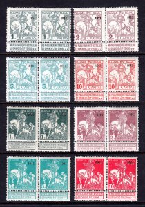 BELGIUM — SCOTT B9-B16 (COB 92-99**) — 1911 OVPT. SET — MNH PAIRS — SCV $1,200