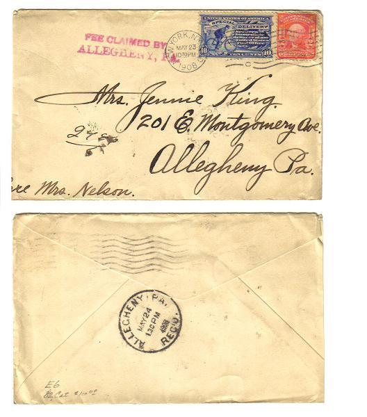 USA 1908 special delivery cover E6 New York - PA