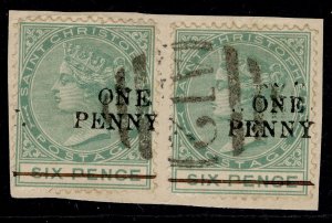 ST KITTS - St Christopher QV SG24, 1d on 6d green PAIR, FINE USED. Cat £100.