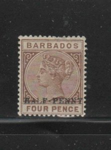 BARBADOS #69  1892  1/2p ON 4p   QUEEN VICTORIA    F-VF  USED