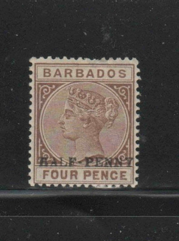 BARBADOS #69  1892  1/2p ON 4p   QUEEN VICTORIA    F-VF  USED