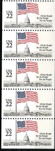 1985 Flag Over Capitol Dome, Pane of 5 22c Postage Stamps, Sc# 2116, MNH, OG