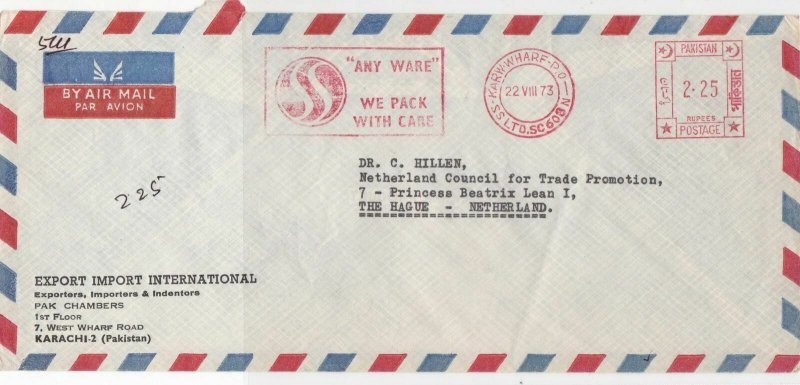 Pakistan 1973 We Pack with Care Slogan Airmail Meter Mail Stamps Cover Ref 29334