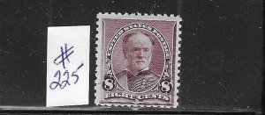 US #225 1890-93 SHERMAN 8 CENTS (LILAC) - MINT LIGHT   HINGED