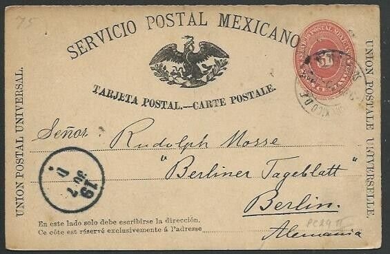 MEXICO 1889 3c postcard used to Germany....................................60370