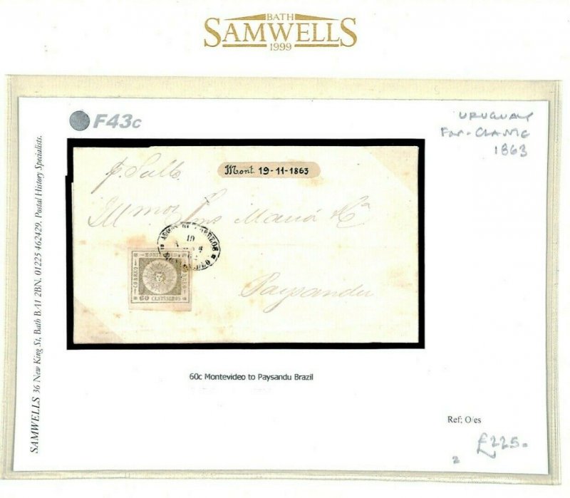 URUGUAY Classic 1863 Cover 60c grey-lilac Scott.13 SUNBURST {samwells}F43c