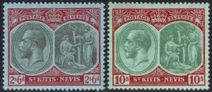 ST KITTS NEVIS 1920 KGV BADGE 2/6 AND 10/- WMK MULTI CROWN CA