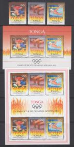 Tonga Sc 1185-1187b MNH. 2012 London Summer Olympics, cplt set incl both s/s, VF