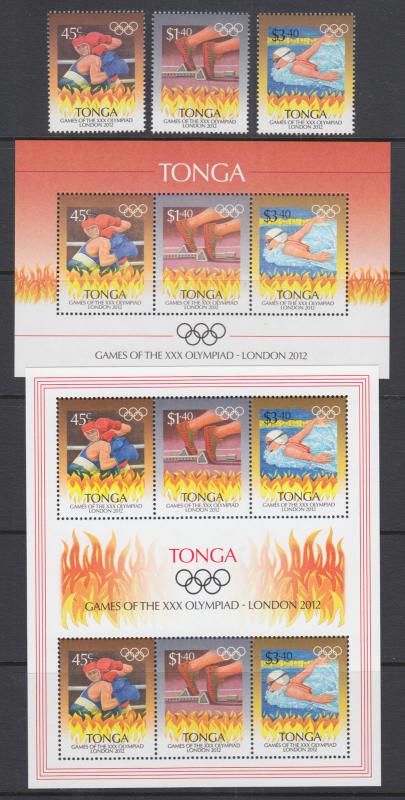 Tonga Sc 1185-1187b MNH. 2012 London Summer Olympics, cplt set incl both s/s, VF