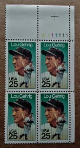 United States #2417 25c Lou Gehrig MNH block of 4 plate #A111111 (1989)