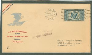 US CE1 1934 16c Great Seal/air mail special delivery on an addressed (typed) FDC with a 2nd day Washington DC cancel and a cache
