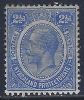 Nyasaland Protectorate, Scott #15; 2 1/2p King George V, Wmk 3, MH