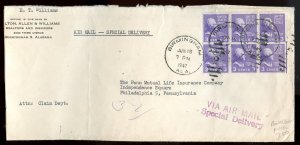 U.S. Scott 842 (6) Strips on 1947 Airmail Special Delivery Cover