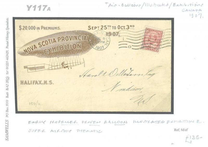 Y117a 1907 CANADA PIONEER AVIATION*Halifax Exhibition* BALLOON VIGNETTE Cover NS