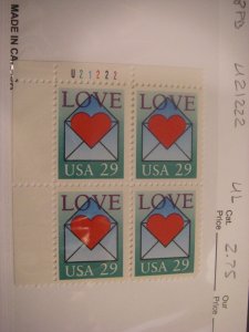 Scott 2618, 29c Love Letter, PB4 #U21222 UL top, MNH Beauty