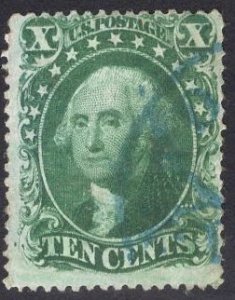 US Stamp #32 10c WashingtonUSED w/ + $15 Blue Cancel SSCV $205