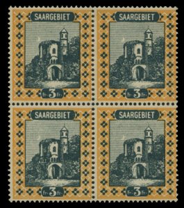 Saar #115 (Mi. 96) Cat€300, 1922-23 3fr orange and deep green, block of fou...