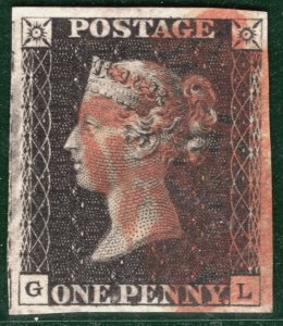 GB PENNY BLACK 1840 QV SG.2 1d Plate 5 (GL) BURRS AT LEFT Red MX Cat £400 REDG26