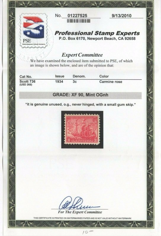 #736 Graded XF 90 Mint OG NH w/PSE Cert. (JH 9/7/2020) 