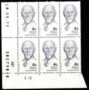 SOUTH AFRICA SG378 1975 JAN SMUTS COMMEMORATION BLOCK OF 6 MNH