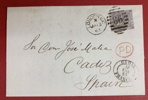 Great Britain, 6p lilac on 1865 Cover with Letter, from London to Cadiz, Spain 