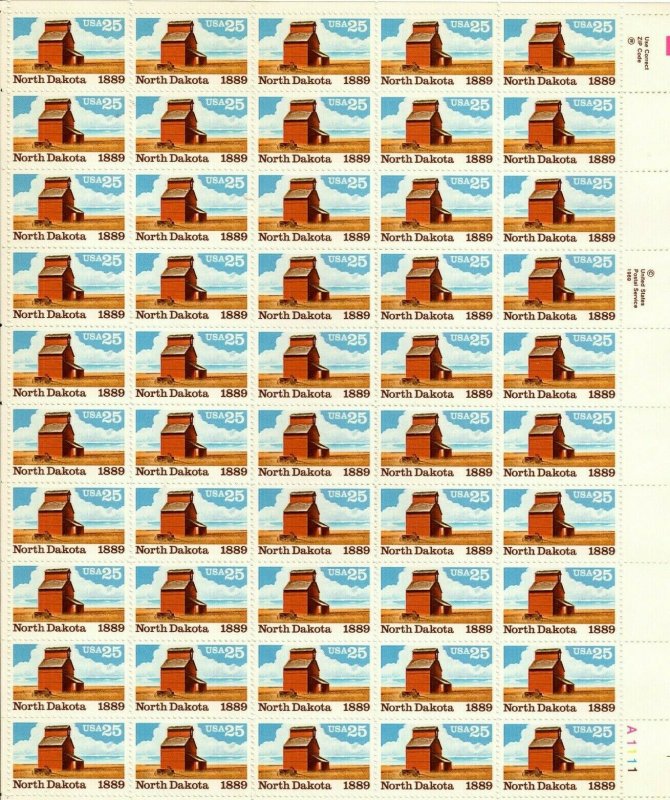 North Dakota Sheet Sheet of Fifty 25 Cent Postage Stamps Scott 2403 