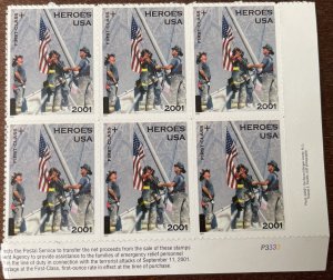 Scott #B2 9/11 Heroes semi-postal MNH block of 6