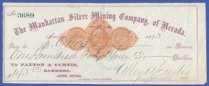 US 1873 2c Used Bank Check, Sc RN-D1, Manhattan Silver Mining Company of Nevada