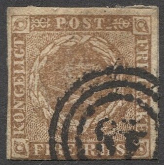 DENMARK 1851 Sc 2b yellow brown, 4rs Imperf Used F, Numeral 48 'Nykjobing'