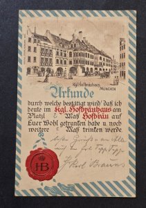 Antique Munich Hofbräuhaus Beer Drinking Certificate Postcard 1906 Cancel
