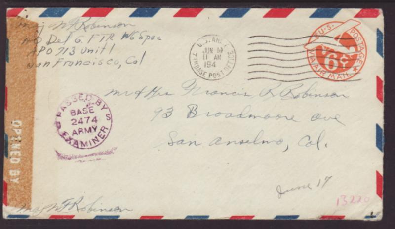 US Army 7th Base PO 1944 Censored Cover