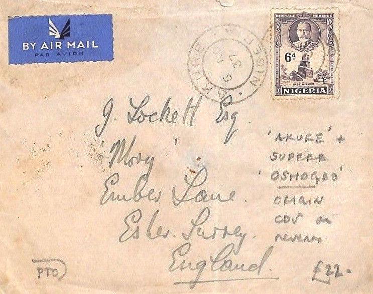 NIGERIA *Oshogbo* 6d Rate KGV Airmail *Akure* CDS Cover Esher Surrey 1937 AK147