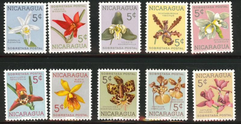 Nicaragua Scott RA66-RA75 1966 MNH** Orchid postal tax set