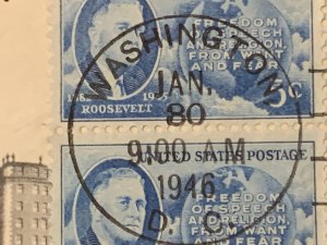 Scott 933  Franklin D  Roosevelt plate block  Jan 30, 1946 error time postmark