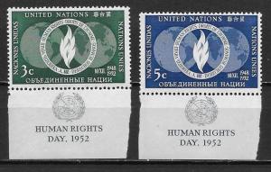 United Nations 13-14 1952 Human Rights set With MI tab MNH