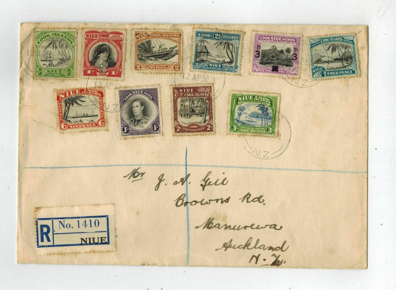 1950 Niue cover to New Zealand # 73-75 53-58