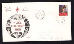 Canada #503  (1969 6c Christmas) Rosecraft-B cachet FDC addressed-pencil #1
