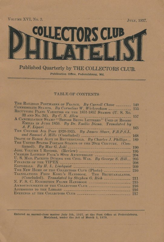 Lot of 10 Early Issues, Collectors Club Philatelist, July 1934 - Oct. 1938 