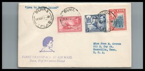 Figi 1941 COVER First Transpacific Airmail Suva to Canton Island