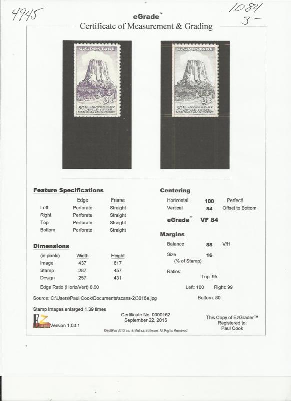 # 1084 MINT NEVER HINGED DEVIL'S TOWER     VF+