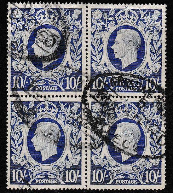 Great Britain 1942 King George VI Scott 251 10/- High Value Used Block of Four