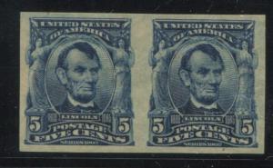 1908 US Stamp #315 5¢ Mint Never Hinged VF Imperf Pair Catalogue Value $1850