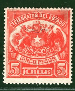 TELEGRAPH Stamp 5 Pesos High Value CHILE Used 1880s ex Collection ORANGE342